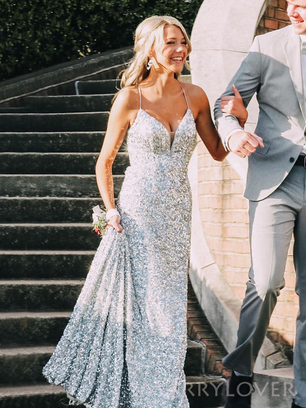 Formal Silver Sequins V-neck Spaghetti Straps Long Evening Prom Dresse MarryLover Formal Silver Sequins V-neck Spaghetti Straps Long Evening Prom Dresse MarryLover