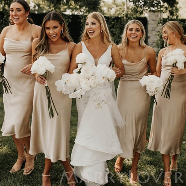 Champagne Soft Satin Spaghetti Straps Cowl Neck Tea-Length Long Brides MarryLover Champagne Soft Satin Spaghetti Straps Cowl Neck Tea-Length Long Brides MarryLover
