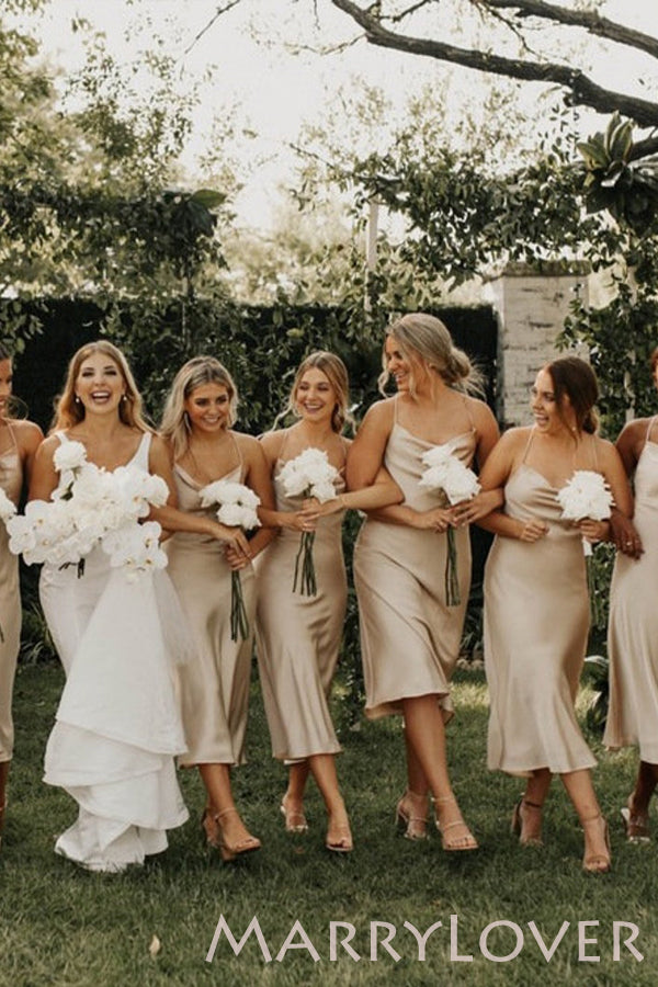 Champagne Soft Satin Spaghetti Straps Cowl Neck Tea-Length Long Bridesmaid Dresses, BN1007