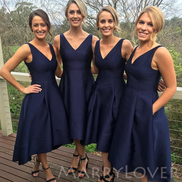 Navy Blue Satin V-neck Short Bridesmaid Dresses , BN1019 Navy Blue Satin V-neck Short Bridesmaid Dresses , BN1019