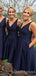 Navy Blue Satin V-neck Short  Bridesmaid Dresses , BN1019