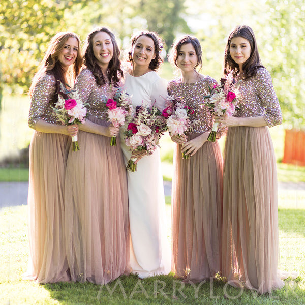 Sequin Half Sleeves A-line Tulle Long Bridesmaid Dresses , BN1036 Sequin Half Sleeves A-line Tulle Long Bridesmaid Dresses , BN1036