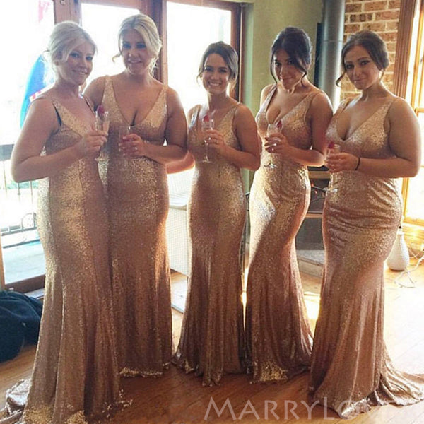 Deep V-neck Gold Sequin Long Mermaid Bridesmaid Dresses , BN1057 Deep V-neck Gold Sequin Long Mermaid Bridesmaid Dresses , BN1057