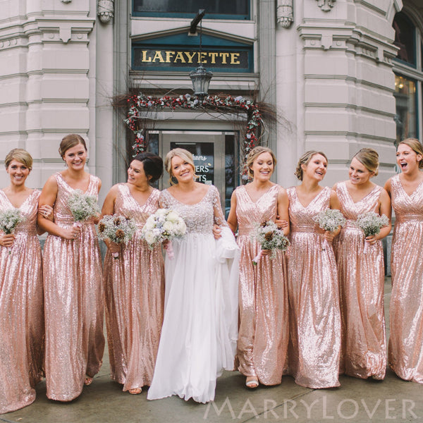 A-line Gold Sequin V-neck Long Bridesmaid Dresses , BN1067 A-line Gold Sequin V-neck Long Bridesmaid Dresses , BN1067