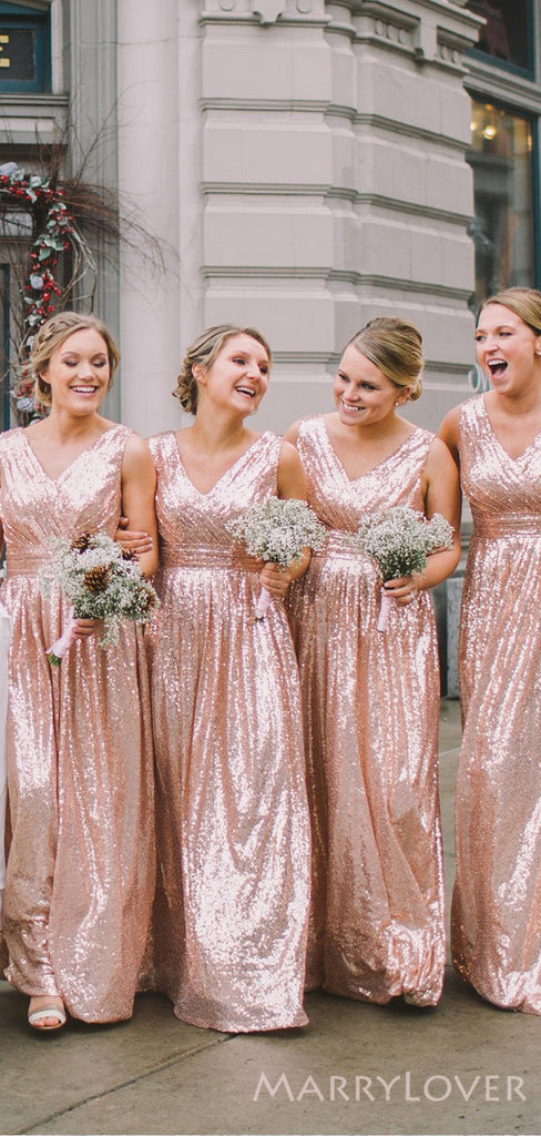 A-line Gold Sequin V-neck Long Bridesmaid Dresses , BN1067