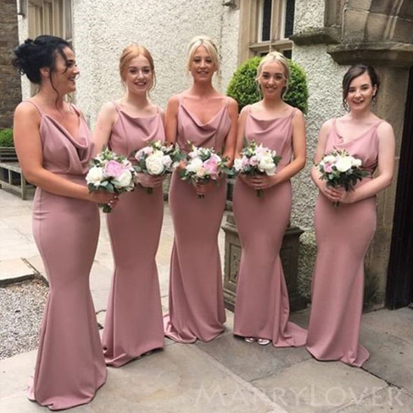 Spaghetti Straps Dusty Pink Satin Cowl Neck Long Mermaid Bridesmaid Dresses , BN1073 Spaghetti Straps Dusty Pink Satin Cowl Neck Long Mermaid Bridesmaid Dresses , BN1073