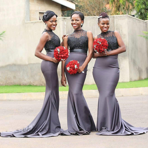 Grey Satin High Neck Appliques Long Mermaid Bridesmaid Dresses , BN1074 Grey Satin High Neck Appliques Long Mermaid Bridesmaid Dresses , BN1074