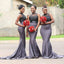 Grey Satin High Neck Appliques Long Mermaid Bridesmaid Dresses , BN1074