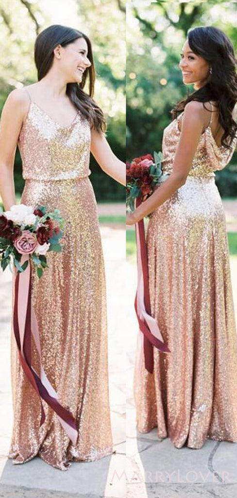 Column/Sheath Gold Sequin Spaghetti Straps Long Bridesmaid Dresses , BN1079