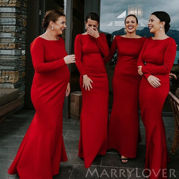 Long Sleeves Red Satin Long Mermaid Bridesmaid Dresses , BN1086 MarryLover Long Sleeves Red Satin Long Mermaid Bridesmaid Dresses , BN1086 MarryLover