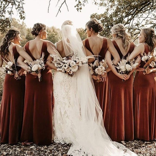 Sheath/Column Copper Velvet Long Bridesmaid Dresses, BN1091 Sheath/Column Copper Velvet Long Bridesmaid Dresses, BN1091
