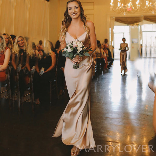 Spaghetti Straps V-neck Long Bridesmaid Dresses, Custom Side Slit Bridesmaid Dress, BN1115