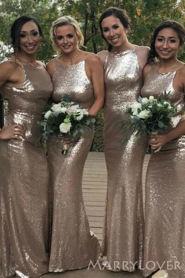 Champagne Sequins Mermaid Long Bridesmaid Dresses , BN1023