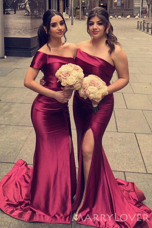 One Shoulder Burgundy Satin Mermaid Long Side Slit Bridesmaid Dresses MarryLover One Shoulder Burgundy Satin Mermaid Long Side Slit Bridesmaid Dresses MarryLover