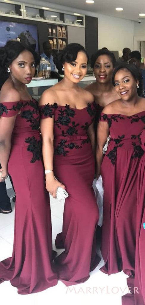 off Shoulder Burgundy Mermaid Appliques Long Custom Bridesmaid Dresses , BN1159