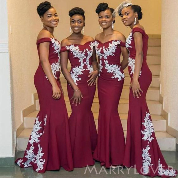 Appliques Off Shoulder Dark Red Long Mermaid Custom Bridesmaid Dresses , BN1160