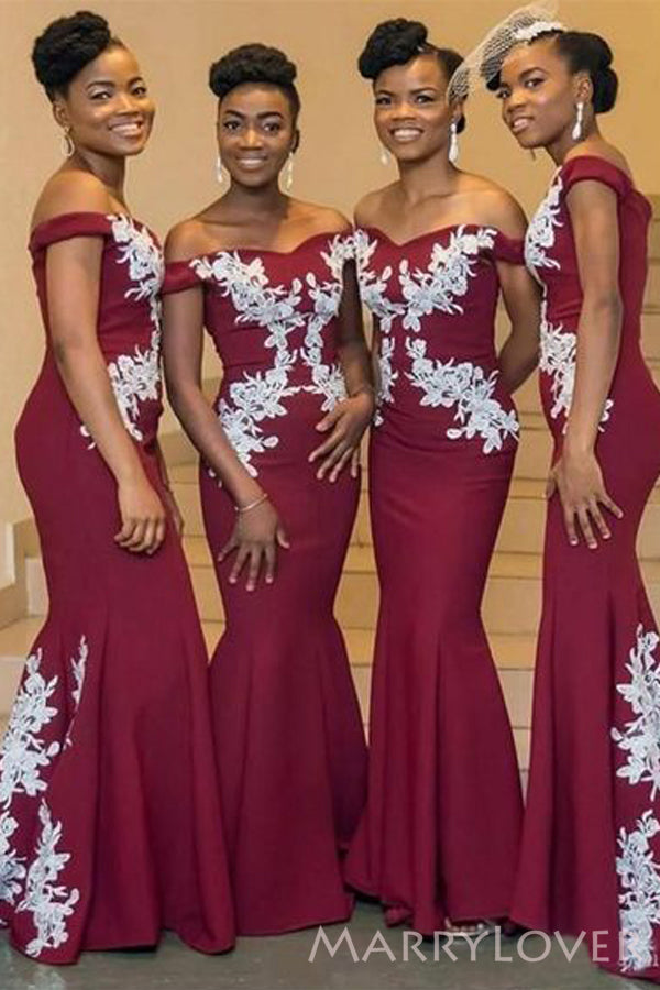 Appliques Off Shoulder Dark Red Long Mermaid Custom Bridesmaid Dresses , BN1160