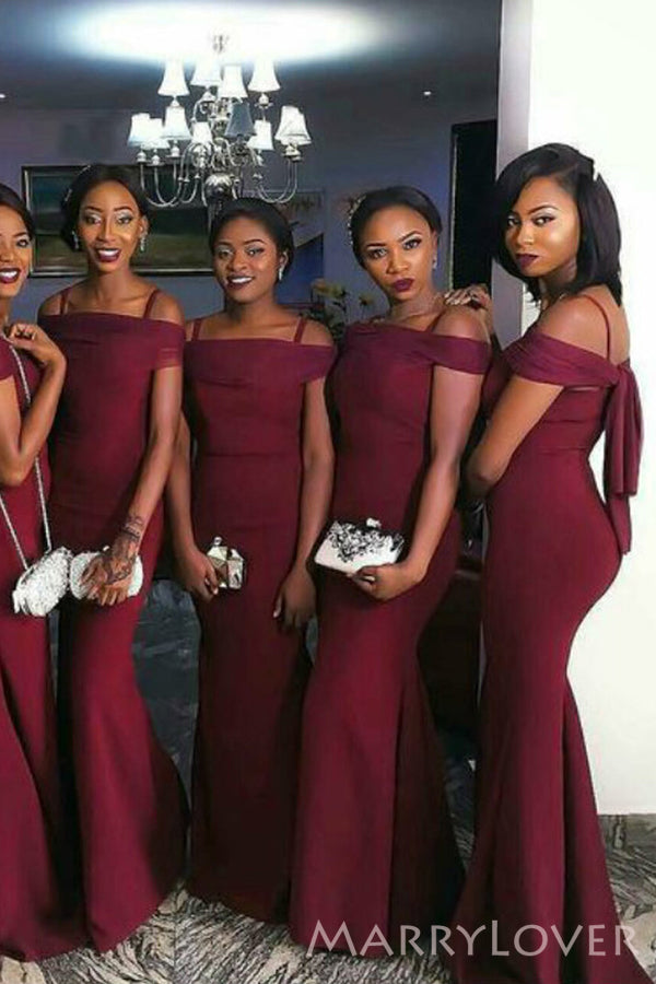 Spaghetti Straps Burgundy Long Mermaid Custom Bridesmaid Dresses , BN1167