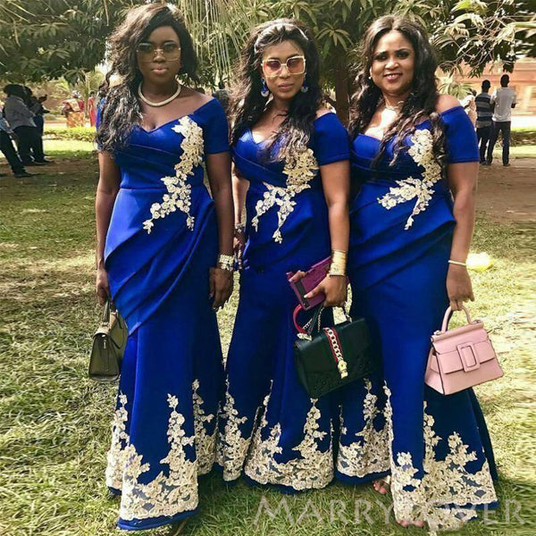 Off Shoulder Royal Blue Satin Appliques Long Mermaid Custom Bridesmaid Dresses , BN1173 Off Shoulder Royal Blue Satin Appliques Long Mermaid Custom Bridesmaid Dresses , BN1173