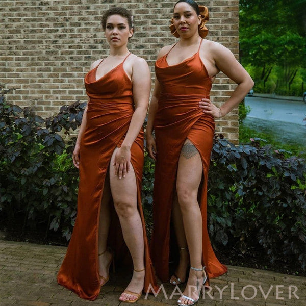 Spaghetti Straps Burnt Orange Satin Long Custom Bridesmaid Dresses , B – MarryLover