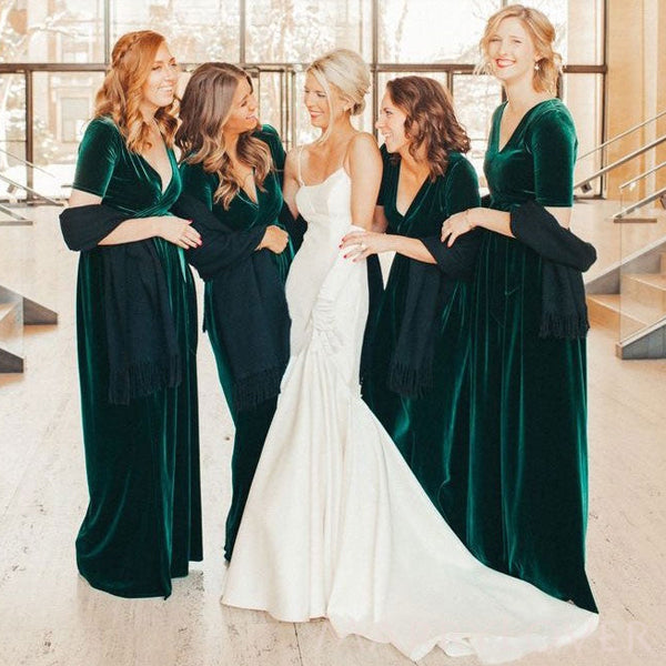 Simple Dark Green Velvet Half Sleeves Long V-neck Custom Bridesmaid Dresses , BN1202 Simple Dark Green Velvet Half Sleeves Long V-neck Custom Bridesmaid Dresses , BN1202