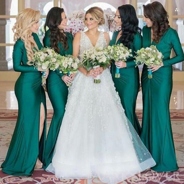 Simple Sheath Dark Green Long Sleeves Long Side Slit Custom Bridesmaid MarryLover Simple Sheath Dark Green Long Sleeves Long Side Slit Custom Bridesmaid MarryLover