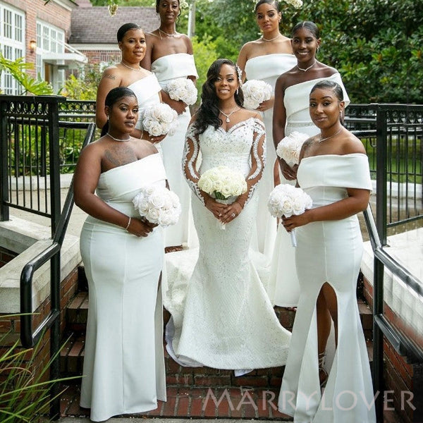 Simple white Strapless Long Mermaid Side Slit Custom Bridesmaid Dresse MarryLover Simple white Strapless Long Mermaid Side Slit Custom Bridesmaid Dresse MarryLover
