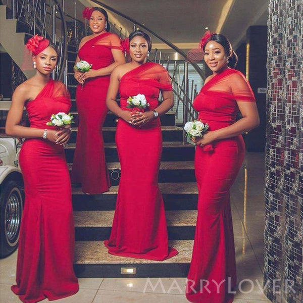 red maid of honor dresses One Shoulder Red Long Mermaid Custom Bridesmaid Dresses , BN1235 – MarryLover