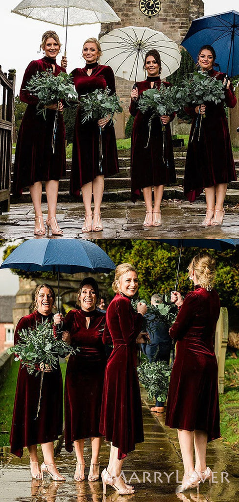 Long Sleeves High Neck Short Halter Custom Bridesmaid Dresses , BN1236