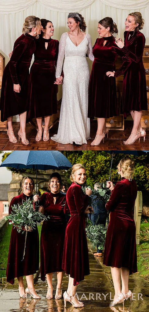 Long Sleeves High Neck Short Halter Custom Bridesmaid Dresses , BN1236