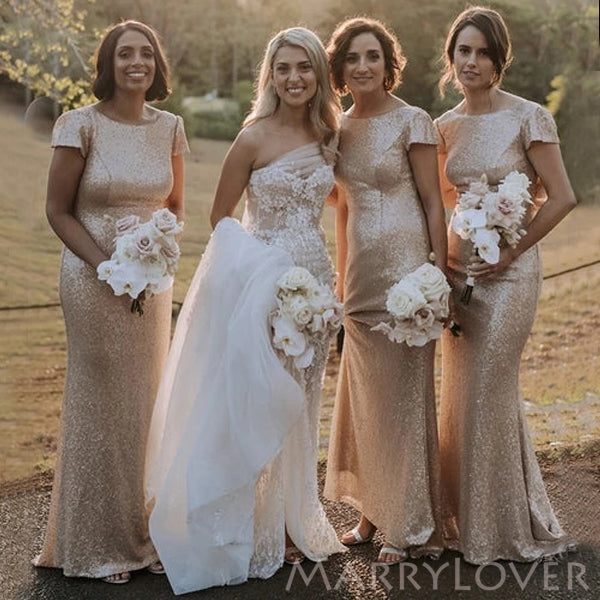 gold sequin bridesmaid dresses Floor Length Gold Glitter Bridesmaid Dress Sheath/Column Sleeveless Bateau Sweep Train Sequined Bridesmaid Dress