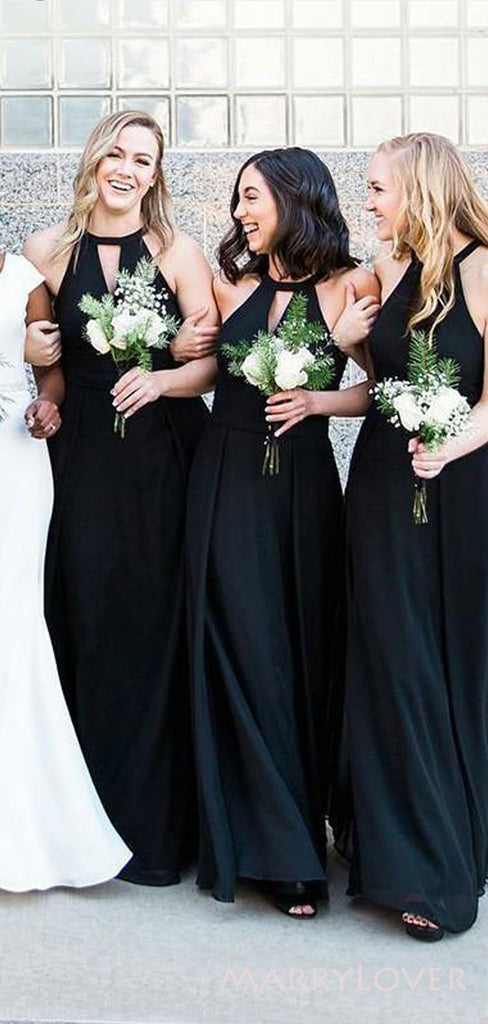 Black Chiffon Halter A-line Long V-neck Custom Bridesmaid Dresses , BN1257