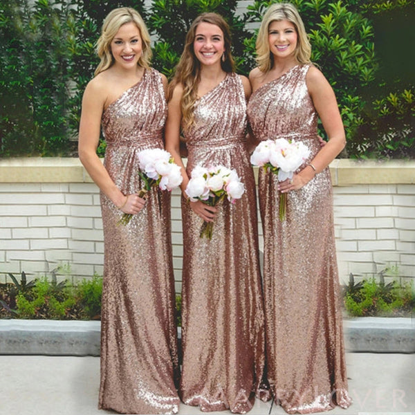 Simple One Shoulder Sequins A-line Long Custom Bridesmaid Dresses , BN – MarryLover