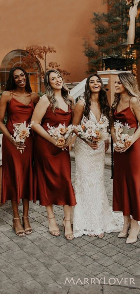 Simple Spaghetti Straps Rust Satin Long Custom Bridesmaid Dresses , BN1262