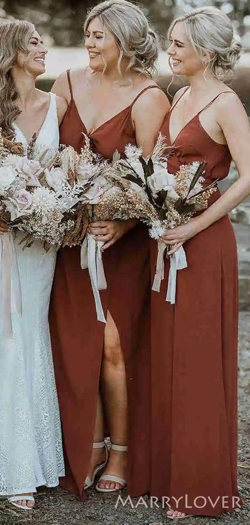 Simple Spaghetti Straps V-neck Long Custom Bridesmaid Dresses , BN1271