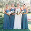 A-line Dusty Blue Chiffon Spaghetti Straps Long V-neck Custom Bridesmaid Dresses , BN1275