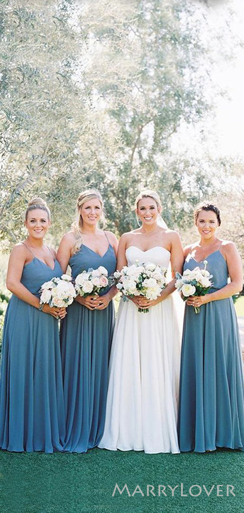 A-line Dusty Blue Chiffon Spaghetti Straps Long V-neck Custom Bridesmaid Dresses , BN1275