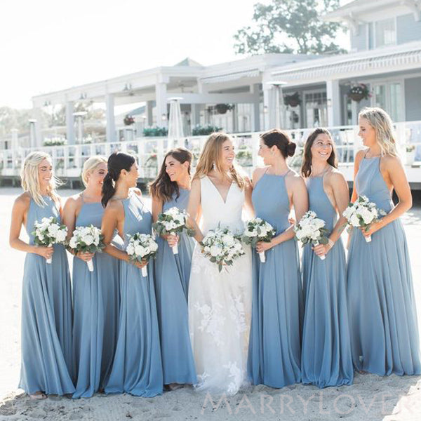 Simple A-line Dusty Blue Chiffon Halter Long Custom Bridesmaid Dresses , BN1276 Simple A-line Dusty Blue Chiffon Halter Long Custom Bridesmaid Dresses , BN1276