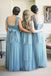 A-line Dusty Blue Tulle Long Custom Bridesmaid Dresses , BN1277