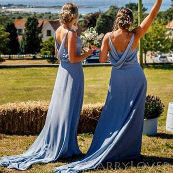 A-line Dusty Chiffon Spaghetti Straps Long Custom Bridesmaid Dresses , BN1279