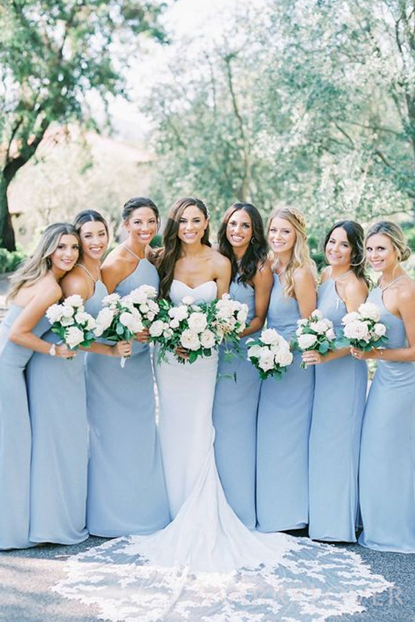 Dusty Blue Chiffon Halter Long Custom Bridesmaid Dresses , BN1280
