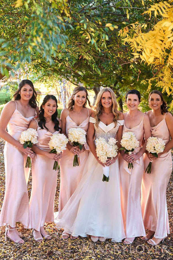 A-line Pink Spaghetti Straps Long Custom Bridesmaid Dresses , BN1285