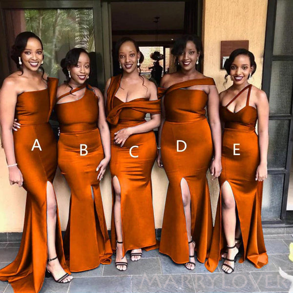 Mismatched Burnt Orange Satin Side Slit Long Mermaid Custom Bridesmaid Dresses , BN1287 Mismatched Burnt Orange Satin Side Slit Long Mermaid Custom Bridesmaid Dresses , BN1287