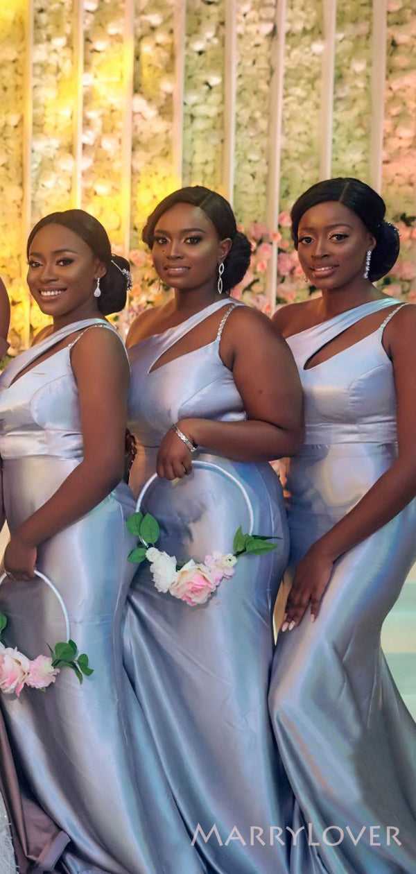 One Shoulder Satin Side Slit Long Mermaid Custom Bridesmaid Dresses , – MarryLover