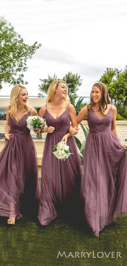 A-line Dusty Purple Tulle Spaghetti Straps Long Custom Bridesmaid Dresses , BN1304