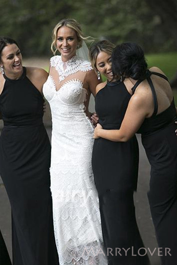 Sexy Halter Black Long Mermaid Custom Bridesmaid Dresses , BN1312