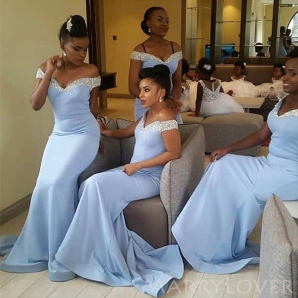 Off Shoulder Beaded Blue Long Mermaid Custom Bridesmaid Dresses , BN1323 Off Shoulder Beaded Blue Long Mermaid Custom Bridesmaid Dresses , BN1323
