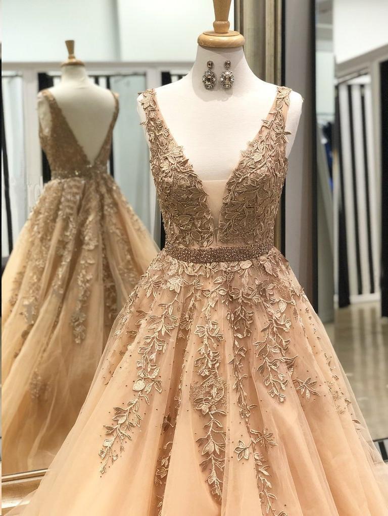 A-line Deep V-neck Appliques and Beading Long Tulle Prom Dresses, PD0568