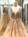 A-line Deep V-neck Appliques and Beading Long Tulle Prom Dresses, PD0568
