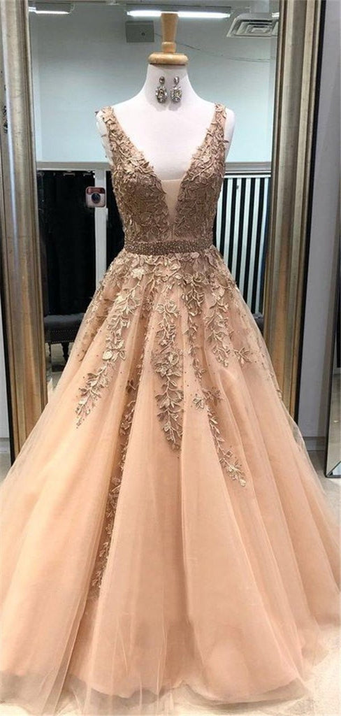 A-line Deep V-neck Appliques and Beading Long Tulle Prom Dresses, PD0568